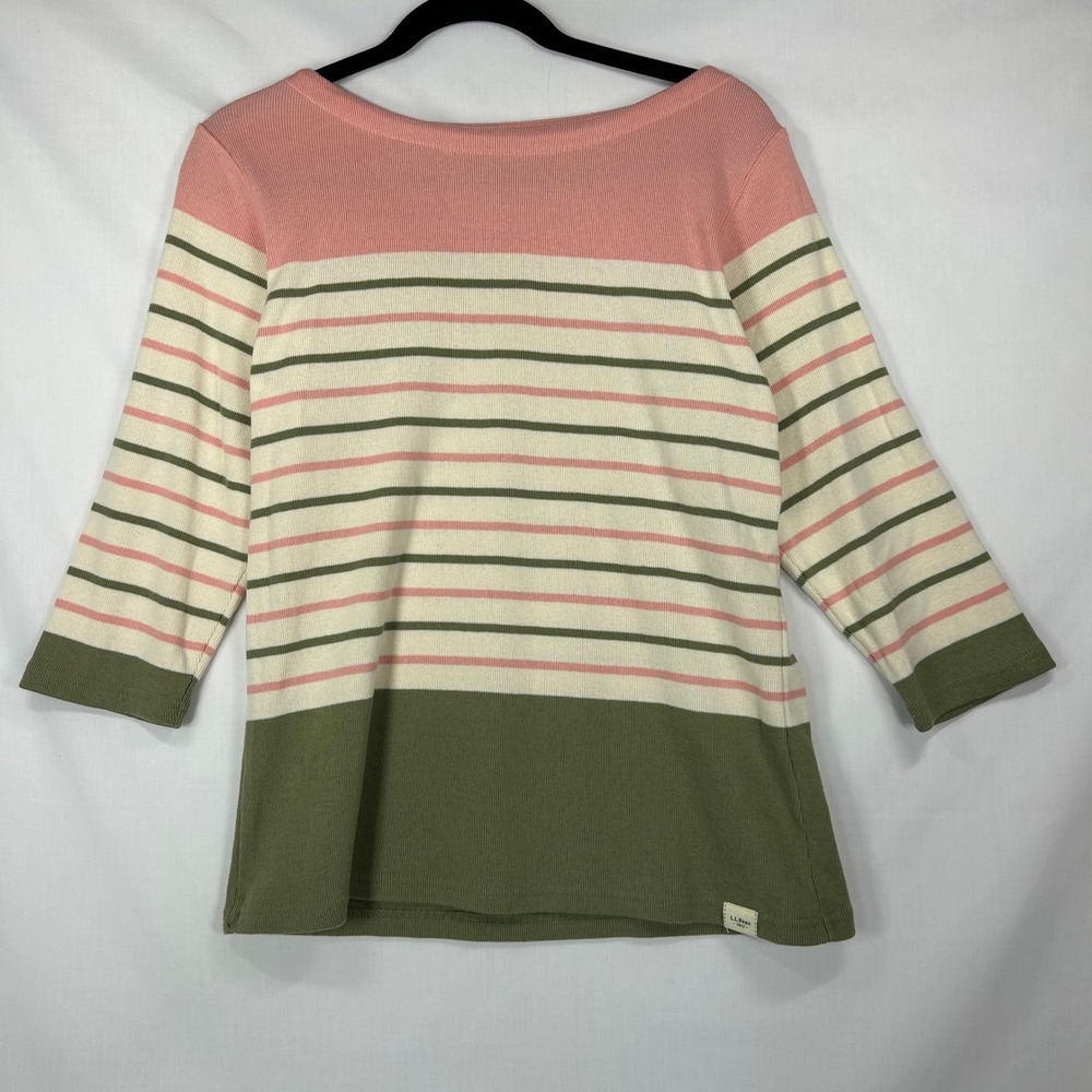 L.L. Bean Striped Boatneck Top – Pink, Green & Cream – 3/4 Sleeve – Size M